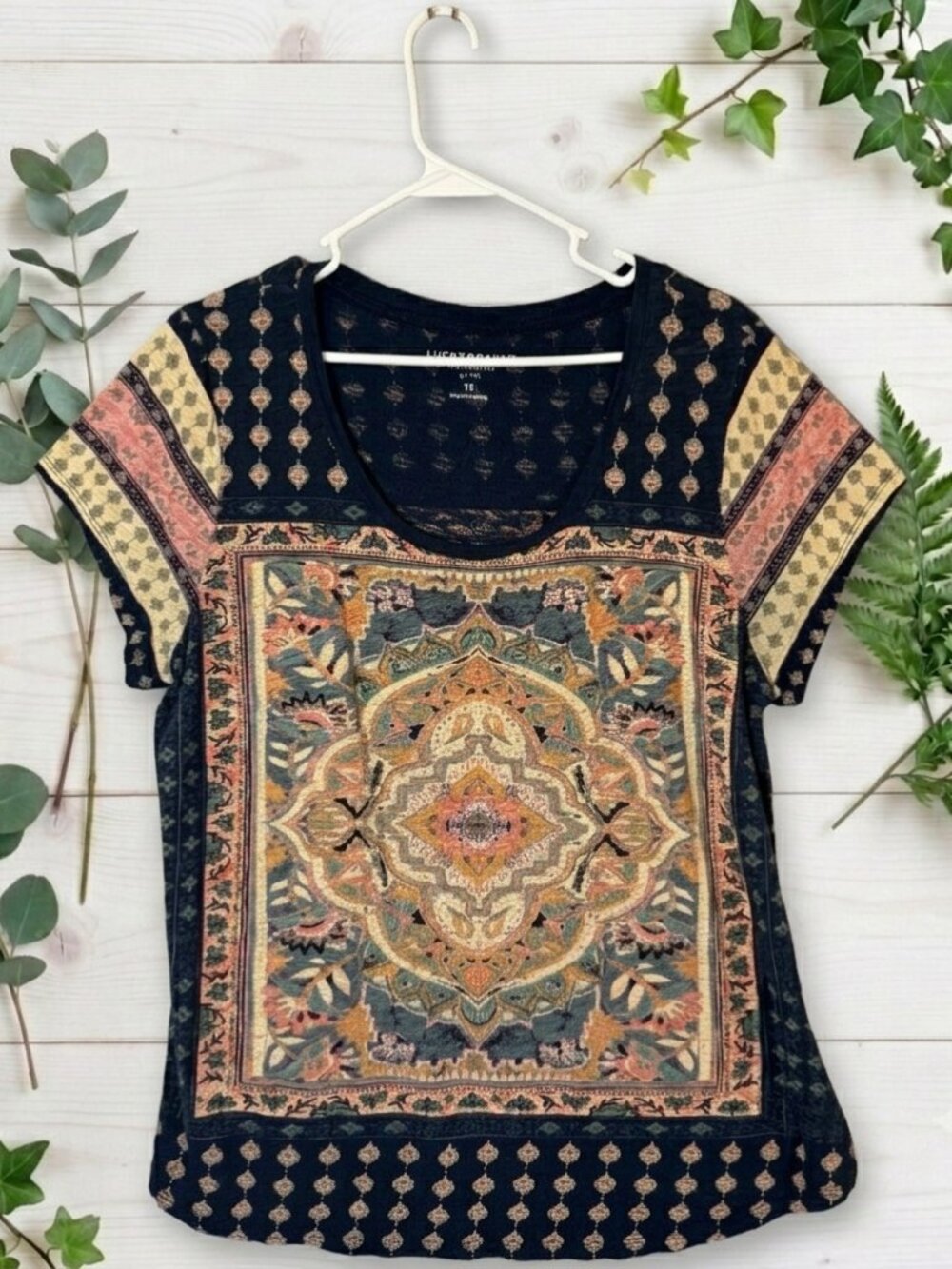 Lucky Brand Persian Carpet Tee 1X Cotton Modal Scoop Neck Boho Knit T-Shirt